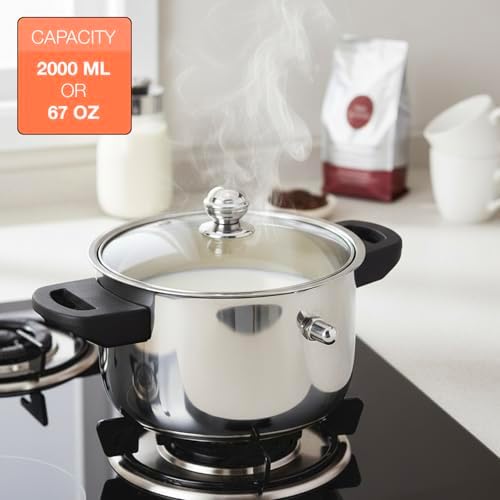 KSJONE See Through lid Milk Boiler 67 oz/2000 ml Pot, Stainless Steel Double Wall Milk Cooker with Whistle and Funnel, Silver - Image 3