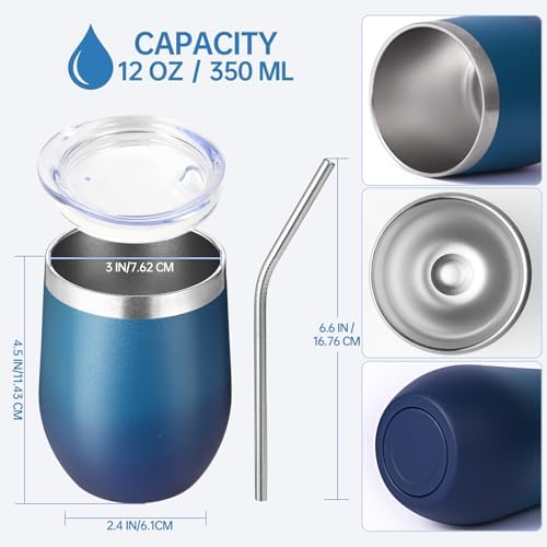 Volhoply 12oz Stainless Steel Wine Tumbler with Lid Bulk 8 Pack,Double Wall Vacuum Stemless Wine Glasses,Reusable Metal Travel Coffe Mug with Straw,Insulated Cup Gifts for Christmas（Dark Night,8 Set） - Image 2