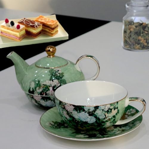 Porcelain 13 OZ Tea for One Teapot and Cup Set Vintage Floral Ceramic Tea Set European Style Tea pot and Saucer Set (White Roses) - Image 5