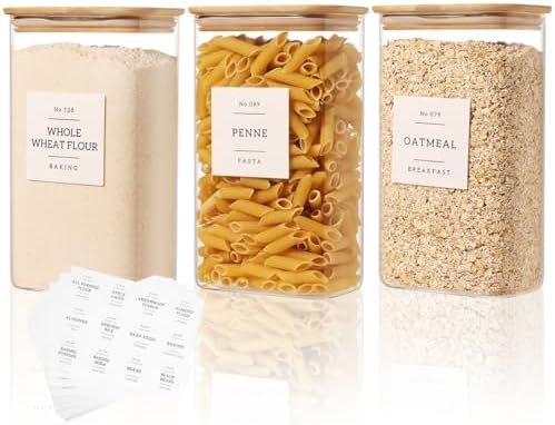 3 Pack Square Glass Pantry Storage Containers with 132 Kitchen Food Pantry Labels - 51 floz Clear Glass Pantry Jars with Airtight Wood Bamboo Lids - Glass Canisters for Candy, Cereal, Coffee, Spice by CZDYSM