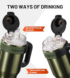 TKK 40 oz Insulated Tumblers with Handle and Straw, Stainless Steel Travel Mug with Ceramic Coating, Leak Proof Double Walled Iced Coffee Cup with Strainer for Hot & Cold Drinks, Olive Green - Image 3