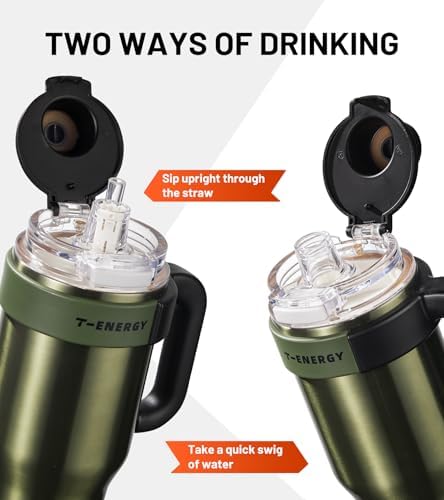 TKK 40 oz Insulated Tumblers with Handle and Straw, Stainless Steel Travel Mug with Ceramic Coating, Leak Proof Double Walled Iced Coffee Cup with Strainer for Hot & Cold Drinks, Olive Green - Image 3