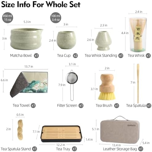 12 Pcs Matcha whisk Set,15 OZ,Japanese Matcha Set,With 2 Cups and 1 Leather Storage Bag,Complete Travel Matcha Kit Set,Perfect Matcha Kit for Matcha Tea Ceremony（Green） - Image 3