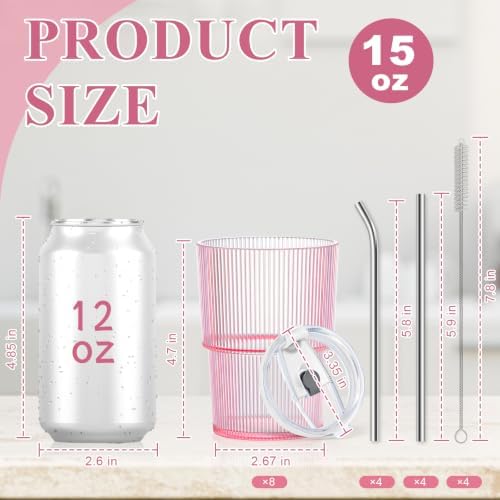 8 Pcs 15oz Plastic Tumblers with Lids and Straw Ribbed Iced Coffee Cups Pink Reusable Plastic Cups Leak-Proof Travel Iced Coffee Tumblers for Home Office Travel with Clean Brush - Image 2