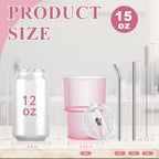 8 Pcs 15oz Plastic Tumblers with Lids and Straw Ribbed Iced Coffee Cups Pink Reusable Plastic Cups Leak-Proof Travel Iced Coffee Tumblers for Home Office Travel with Clean Brush - Image 2