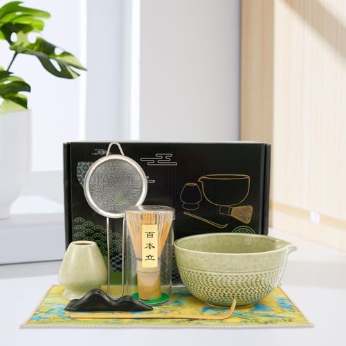 7/4Pcs Matcha Whisk Set Matcha Kit 500ml Ceramic Matcha Bowl Elegant Japanese Matcha Tea Set with Matcha Whisk Holder Bamboo Matcha Whisk Matcha Sifter Tea Scoop Tea Cloth Scoop Holder - Image 2