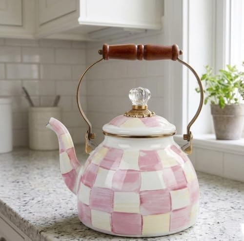Checkered Tea Kettle for Checkered Kitchen Decor - Pink and White Tea Kettle for Stovetop - Stylish Enamel Teapot with Wooden Handle - Vintage Classic Teapot with Elegant Lid & Knob- 2.5 Quart - Image 6