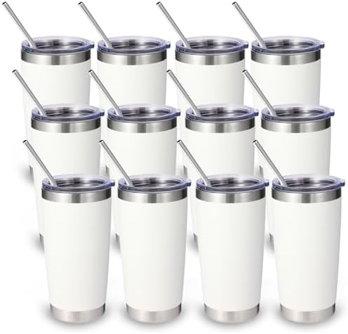 Volhoply 20oz Stainless Steel Tumbler with Lid and Straw Bulk 12 Pack,Double Wall Insulated Travel Iced Coffee Mug Fits Cup Holder,Powder Coated Cups for Hot/Cold Drinks,Christmas Gifts（White,12 Set） by LiveFully%EF%BC%8CDrinkFreely%E2%80%94KeepGoingwithVolhoply%EF%BC%81