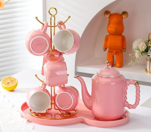 Pink,C, Coffee Cup Set,Pearl White Porcelain Tea Sets, Pearl Handle Design Tea Cup Set, with Teapot Teacups Tea Plate, Tea Set for Tea/Coffee by TOERVIOZ
