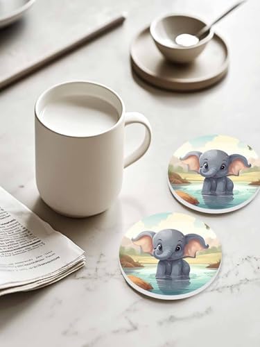 Coaster for Drinks 6 Pack,Cartoon Elephant in River Absorbent Round Ceramic Stone with Cork Base,Natural Animal Plant Scenic Theme Drink Coaster Cup Mats for Home Dining Coffee Tables - Image 2