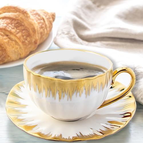 Gold Rimmed Ceramic Coffee Mug with Saucer Cappuccino Mug, 6 oz, for Coffee, Latte, Tea, Set of 6 (gold, Large) - Image 5