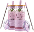 Pandaloo® Glass Cups With Lids and Straws -20 Fl Oz- Perfect Size Iced Coffee Cup - Smoothie Cup With Bamboo Lid and On the go Lid - Glass Tumbler (2 Count (Pack of 1), Lilac Rhapsody-Lilac Rhapsody) by Pandaloo