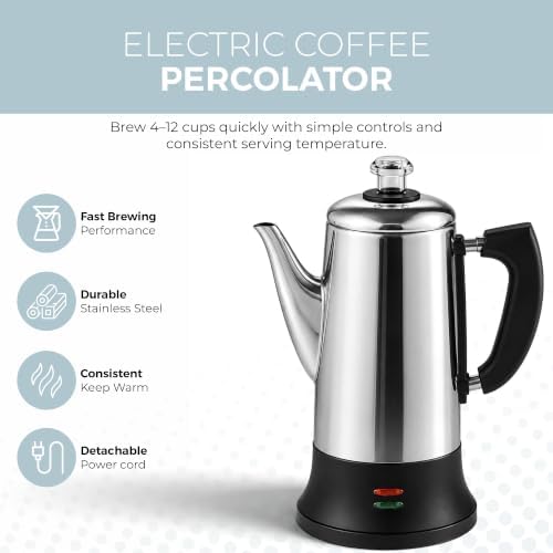 ALPHA LIVING PC-12SS Electric Coffee Percolator, 12 Cup Stainless Steel - Image 2
