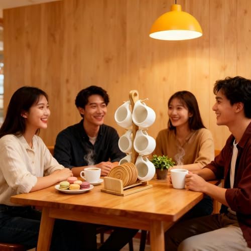 Bamboo Coffee Mug Holder Tree, Ceramic Coffee Cup Shelf Set 6 Piece Creative Cup Stand and Saucer Combination Coffee Mugs Kitchen Shelf Set (5x6.1x14.8) - Image 2