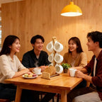 Bamboo Coffee Mug Holder Tree, Ceramic Coffee Cup Shelf Set 6 Piece Creative Cup Stand and Saucer Combination Coffee Mugs Kitchen Shelf Set (5x6.1x14.8) - Image 2