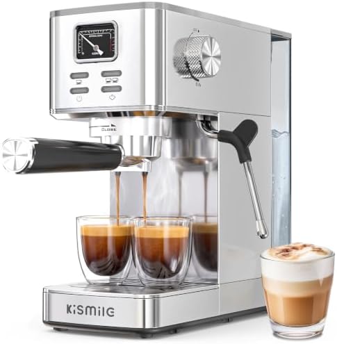 Kismile 20 Bar Espresso Machine with Milk Frother, Compact Semi-Automatic Espresso Maker, Stainless Steel, Pressure Gauge, 1.4L Water Tank, Hot Water Function for Cappuccino & Latte (Silver) by Kismile