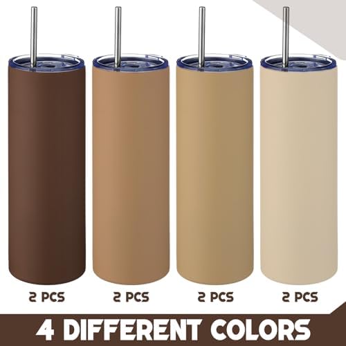 8 Pcs 20oz Insulated Stainless Steel Tumbler with Lid and Straw, Brown - Image 2