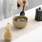 Ceramic Matcha Whisk Set Vintage Gray Yellow Japanese Matcha Sets of 8 Macha Kit(Matcha Whisk (Chasen), Matcha Whisk Stand,Scoop, Matcha Bowl with Spout,Sifter and Kettle,Water Thermometer) - Image 2