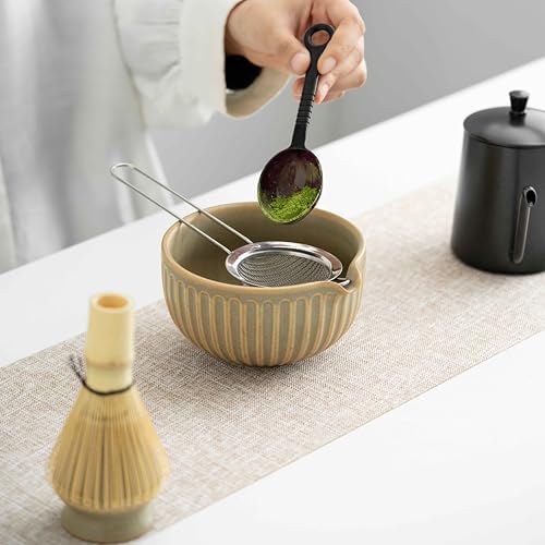 Ceramic Matcha Whisk Set Vintage Gray Yellow Japanese Matcha Sets of 8 Macha Kit(Matcha Whisk (Chasen), Matcha Whisk Stand,Scoop, Matcha Bowl with Spout,Sifter and Kettle,Water Thermometer) - Image 2