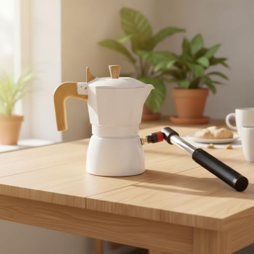 Gralara Italian Coffee Pot with Manual Pump Wood-Grain Pneumatic Coffee Maker Compact for Home Baristas, Kitchen, Black And White, style to 1 - Image 6