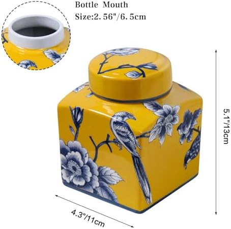 Coffee Bean Storage Canister with Airtight Lid, Decorative Ceramic Tea Jar with Vintage Floral Pattern, Sugar Container & Spice Jar for Kitchen Countertop or Cabinet - Yellow Bird & 30oz - Image 5