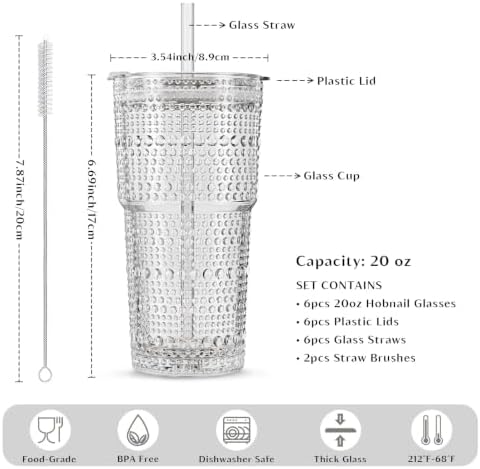 INSETLAN Iced Coffee Cups with Lids and Straws, 20 oz Hobnail Glass Tumbler - Image 3