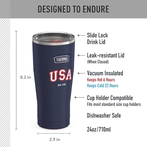THERMOS Icon Series 24oz Stainless Steel Tumbler with Slide Lock Lid, Leakproof, Fits Cupholder, Dishwasher Safe, Griptec™ Non‑Slip Base, Keeps Drinks Hot 6 Hrs/Cold 22 Hrs, Navy USA - Image 2