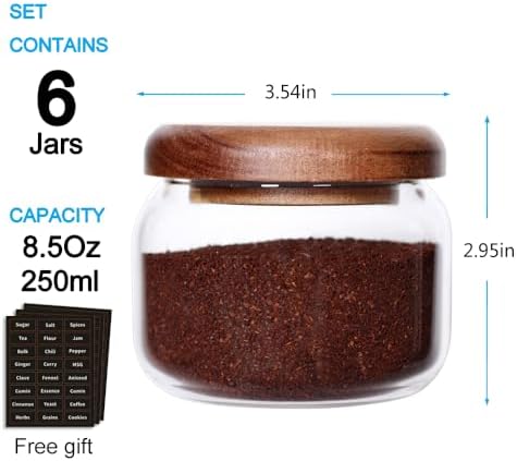 SAIOOL Kitchen Canisters Set of 6-8.5oz Glass Spice Jars With Acacia Airtight Lid and Labels Round Spice Bottles for kitchen Seasoning Baby Food Kids Snacks Meal Prep Containers Candle - Image 3