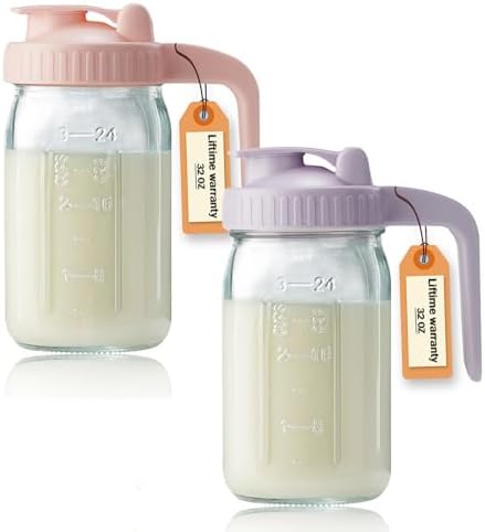 32oz Glass Pitcher with Lid & V-shaped Pour Spout - 1 Quart Double Leak Proof, Creamer Container for Sun Tea, Juice, Cold Brew Coffee, Breastmilk Storage Container by miradexic