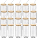 YOUKE OLA 20 Pack Glass Cups with Bamboo Lids and Glass Straw 16oz Beer Can Shaped Drinking Glasses Cups, Glass Tumbler Reusable Cute Cups for Whiskey, Iced Coffee, Tea, Soda, Cocktail, Gift, Clear by YOUKEOLA