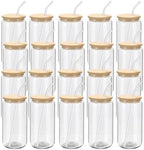 YOUKE OLA 20 Pack Glass Cups with Bamboo Lids and Glass Straw 16oz Beer Can Shaped Drinking Glasses Cups, Glass Tumbler Reusable Cute Cups for Whiskey, Iced Coffee, Tea, Soda, Cocktail, Gift, Clear by YOUKEOLA