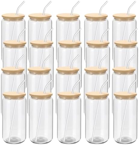 YOUKE OLA 20 Pack Glass Cups with Bamboo Lids and Glass Straw 16oz Beer Can Shaped Drinking Glasses Cups, Glass Tumbler Reusable Cute Cups for Whiskey, Iced Coffee, Tea, Soda, Cocktail, Gift, Clear by YOUKEOLA