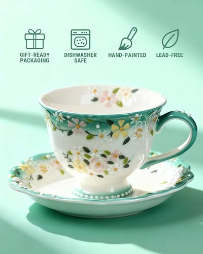 8oz Bone China Tea Cup and Saucer Set, Azure Bloomfield - Image 6