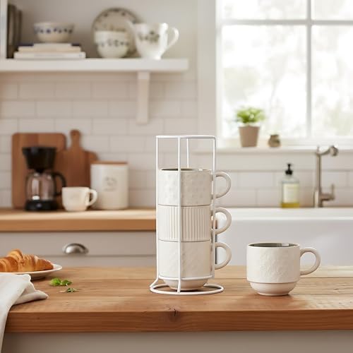 JIEMEI HOME Large Ceramic Coffee Mug Set of 4 with Stand, 15 Oz Stackable Different Embossment Ribbed Latte Cup Set for Cappuccino, Tea, Hot Cocoa, Drinks - Dishwasher & Microwave Safe, White & Green - Image 6