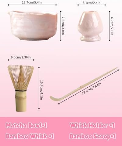 Natural Crystal Flower Matcha Set - 4 Pcs Food Grade Matcha Kit with Spouted Bowl, Matcha Whisk, Scoop and Chasen Holder - Matcha Tea Ceremony Gift for Matcha Lovers (Sakura Whisper) - Image 5