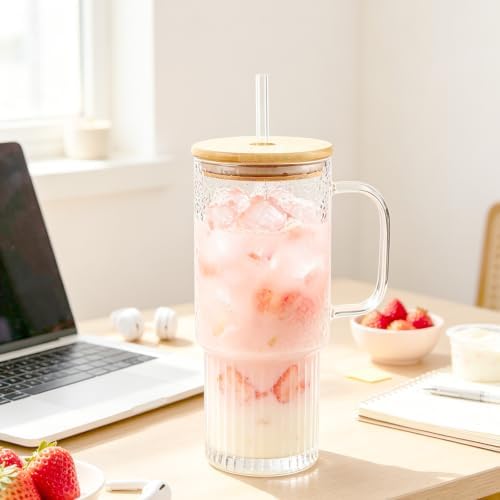 32 oz Glass Water Tumbler with Handle, Glass Cups with Bamboo Lid & Straw - Image 7