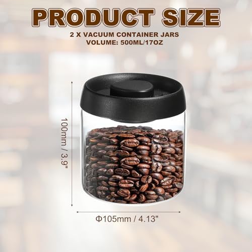 uxcell 2pcs Coffee Vacuum Container, 500ml/17oz Glass Coffee Bean Storage Container with Lids for Spices Biscuits Loose Leaf Tea, Black - Image 2