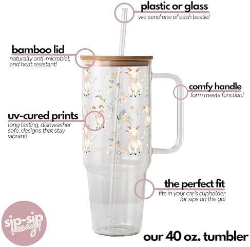 Sip-Sip Hooray! Smiling Goats 40oz Glass Tumbler with Lid and Straw - Image 6