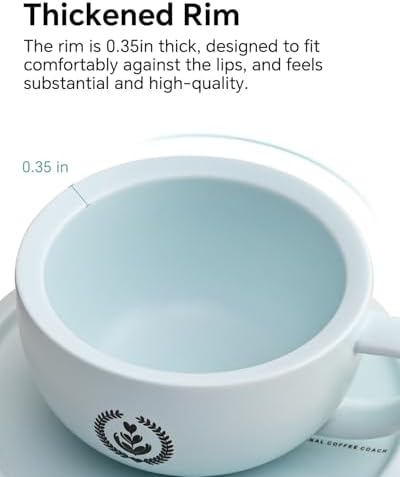 Ceramic Latte Art Cup with Saucer Set - 10oz Thickened Rim Cappuccino Cup for Perfect Crema, Anti-Slip Base & Matte Glaze, Espresso Coffee Mug for Home Barista & Kitchen, Sky Blue - Image 4