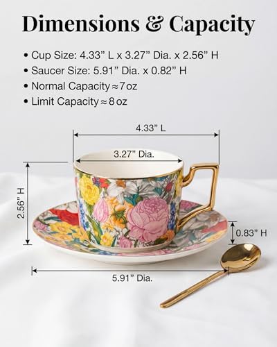 8oz Bone China Tea Cup and Saucer Set, Floral Teacup - Image 3