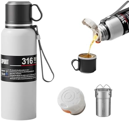 Upgrade 3in1 Water Bottles with Travel Mug Coffee Cup Cap, Tea Infuser,Carrying Loop,Thermal Wide Mouth Bottle, Vacuum Insulated 316 Stainless Steel Flask Leak Proof,BPA-Free (white, 1980ml) by Unknown