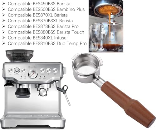54mm Bottomless Portafilter Compatible with Breville Sage Espresso Machine Barista Express Pro Bambino BES450/BES500/BES840XL/BES870/878/880 Stainless Steel Filter Basket Wood Handle - Image 6