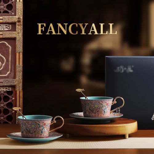 Enamel Floral Porcelain Coffee Mug Set of 2 with Matching Saucers - Image 5