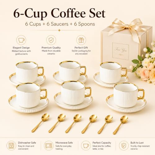 Ceramic Coffee Cup and Saucer Set, Set of 6 - Image 4