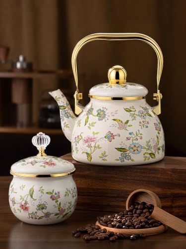 Enamel Tea Kettle for Stovetop, 1.2L Floral Tea Kettle with Gold Handle & Stainless Steel Infuser, Vintage Teapot, Tea Kettle Stovetop for Gas, Induction & Electric Stoves - Image 5