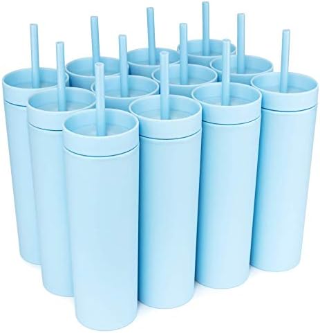 STRATA CUPS Periwinkle Skinny Tumblers with Lids and Straws (12 pack) - 16oz Double Wall Acrylic Tumbler, Tall Matte Skinny Tumblers, Bulk with Free Straw Cleaner, Reusable Cups by STRATACUPS
