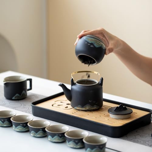 Chinese Gongfu Tea Set tea kit, Tea Gift sets,15-Piece Ceramic Tea Service with Teapot, 6 Cups, Storage Jar, Tea Tray, Black and Teal Mountain Design with Gray Travel Case - Image 5