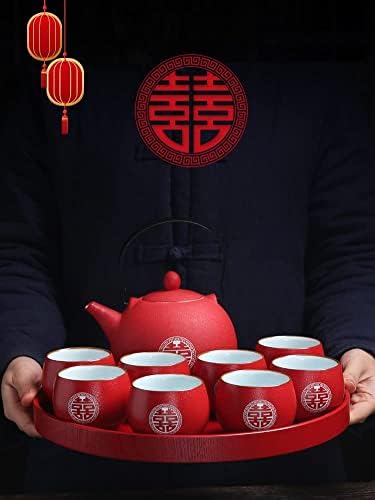 Chinese Traditional Wedding Gift Tea Set - Kung Fu Teapot With 8 Teacups and Round Tray - Red Decoration - Image 4