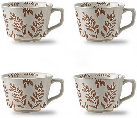 4 Pack 12oz Embossed Leaf Ceramic Coffee Mugs, Vintage Speckled Stoneware Tea Cups, Rustic Brown Spring Leaf Large Drinking Mugs, Microwave & Dishwasher Safe, Farmhouse Kitchen Decor, Gift Set by Tvvtuww