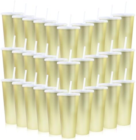 30 Pack Gold Plastic Cups with Lids and Straws, 24oz Cups by Ahongwenxi
